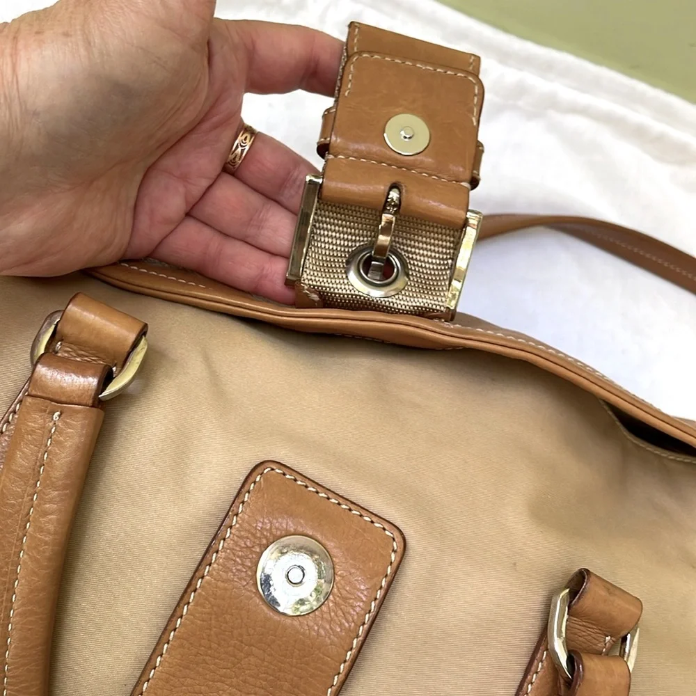 Vintage tan/silver Prada nylon/leather bag with dust bag